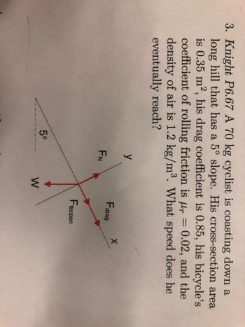 3. Knight P6.67 A 70 kg cyclist is coasting down a
long hill that has a 5° slope. His cross-section area
is 0.35 m², his drag coefficient is 0.85, his bicycle's
coefficient of rolling friction is r = 0.02, and the
density of air is 1.2 kg/m³. What speed does he
eventually reach?
5⁰
y
FN
W
Farag
Ffriction
X