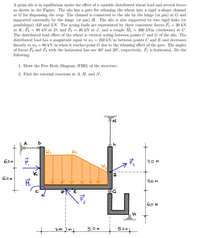 A grain silo is in equilibrium under the effect of a variable distributed wheat load and several forces
as shown in the Figure. The silo has a gate for releasing the wheat into a rigid u-shape channel
at G for dispensing the crop. The channel is connected to the silo by the hinge (or pin) at G and
supported externally by the hinge (or pin) H. The silo is also supported by two rigid links (or
pendulums) AB and LN. The acting loads are represented by three concentric forces F = 30 kN
at K, F2 = 90 kN at D, and F = 40 kN at J, and a couple M = 300 kNm (clockwise) at C.
The distributed load effect of the wheat is vertical acting between points C and G of the silo. The
distributed load has a magnitude equal to wi = 250 kN/m between points C and E and decreases
linearly to w2 = 80 kN/m when it reaches point G due to the releasing effect of the gate. The angles
of forces F2 and F, with the horizontal line are 40° and 20°, respectively. F is horizontal. Do the
following:
1. Draw the Free Body Diagram (FBD) of the structure.
2. Find the external reactions at A, H, and N.
A
Wi
6.0M
구.0 M
6.0M
H
5,0 M
6,0 m
9.0 m
Tuji mt
5.0m
14
in
1호
