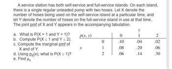 A service station has both self-service and full-service islands. On each island,
there is a single regular unleaded pump with two hoses. Let X denote the
number of hoses being used on the self-service island at a particular time, and
let Y denote the number of hoses on the full-service island in use at that time.
The joint pmf of X and Y appears in the accompanying tabulation.
p(x, y)
a. What is P(X = 1 and Y = 1)?
b. Compute P(X ≤ 1 and Y ≤ 2).
c. Compute the marginal pmf of
X and of Y.
d. Using px(x), what is P(X < 1)?
e. Find ux
x
0
1
2
0
.10
.08
.06
y
1
.04
.20
.14
2
.02
.06
.30