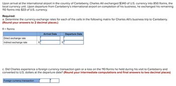 Upon arrival at the international airport in the country of Canteberry, Charles Alt exchanged $340 of U.S. currency into 850 florins, the
local currency unit. Upon departure from Canteberry's international airport on completion of his business, he exchanged his remaining
110 florins into $33 of U.S. currency.
Required:
a. Determine the currency exchange rates for each of the cells in the following matrix for Charles Alt's business trip to Canteberry.
(Round your answers to 2 decimal places.)
fl= florins
Direct exchange rate
Indirect exchange rate
fl
Foreign currency transaction
Arrival Date
fl
Departure Date
c. Did Charles experience a foreign currency transaction gain or a loss on the 110 florins he held during his visit to Canteberry and
converted to U.S. dollars at the departure date? (Round your intermediate computations and final answers to two decimal places)