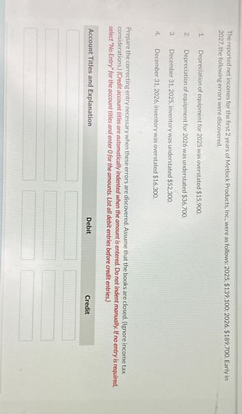 The reported net incomes for the first 2 years of Metlock Products, Inc., were as follows: 2025, $139,100; 2026, $189,700. Early in
2027, the following errors were discovered.
1.
Depreciation of equipment for 2025 was overstated $15,900.
2.
Depreciation of equipment for 2026 was understated $36,700.
3.
December 31, 2025, inventory was understated $52,300.
4.
December 31, 2026, inventory was overstated $16,300.
Prepare the correcting entry necessary when these errors are discovered. Assume that the books are closed. (Ignore income tax
considerations.) (Credit account titles are automatically indented when the amount is entered. Do not indent manually. If no entry is required,
select "No Entry" for the account titles and enter O for the amounts. List all debit entries before credit entries.)
Account Titles and Explanation
Debit
Credit