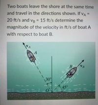 Two boats leave the shore at the same time
and travel in the directions shown. If vA =
%3D
20 ft/s and vB
= 15 ft/s determine the
magnitude of the velocity in ft/s of boat A
with respect to boat B.
VB
B
130%
45°
