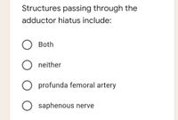 Structures passing through the
adductor hiatus include:
Both
neither
O profunda femoral artery
O saphenous nerve
