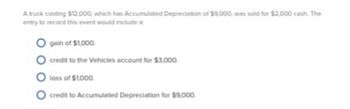 A truck costing $12,000, which has Accumulated Depreciation of $9,000, was sold for $2,000 cash. The
entry to record this event would include a:
gain of $1,000.
credit to the Vehicles account for $3,000.
loss of $1,000.
credit to Accumulated Depreciation for $9,000.