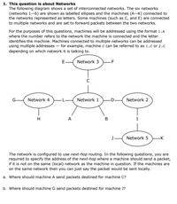 1. This question is about Networks
The following diagram shows a set of interconnected networks. The six networks
(networks 1-6) are shown as labelled ellipses and the machines (A-K) connected to
the networks represented as letters. Some machines (such as C, and E) are connected
to multiple networks and are set to forward packets between the two networks.
For the purposes of this questions, machines will be addressed using the format 1.A
where the number refers to the network the machine is connected and the letter
identifies the machine. Machines connected to multiple networks can be addressed
using multiple addresses – for example, machine c can be referred to as 1.c or 2.c
depending on which network it is talking to.
E-
Network 3
-F
Network 4
Network 1
Network 2
H.
A
Network 5
K
The network is configured to use next-hop routing. In the following questions, you are
required to specify the address of the next-hop where a machine should send a packet,
If it is not on the same (local) network as the machine in question. If the machines are
on the same network then you can just say the packet would be sent locally.
a. Where should machine A send packets destined for machine C?
b. Where should machine G send packets destined for machine J?
