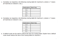 c. Complete, by inspection, the following routing table for machine D, (where 1.* means
all machines on network 1 etc.).
Destination Next Hop
1.*
2.*
3.*
4.*
5.*
d. Complete, by inspection, the following routing table for machine C, (where 1.* means
all machines on network 1 etc.).
Destination Next Hop
1.*
2.*
3.*
4.*
5.*
e. A default route can be used to reduce the size of a routing table. Explain how a default
route would reduce the size of the routing table for machine I.
