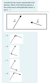 Consider the two vectors represented in the
drawing. Which of the following options is
the correct way to add graphically vectors a
and b ?
a
а.
b.
С.
d.
