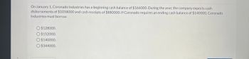 13
On January 1, Coronado Industries has a beginning cash balance of $166000. During the year, the company expects cash
disbursements of $1058000 and cash receipts of $880000. If Coronado requires an ending cash balance of $140000, Coronado
Industries must borrow
O $128000.
O $152000.
O $140000.
O $344000.