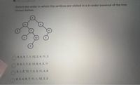 Select the order in which the vertices are visited in a in-order traversal of the tree
shown below.
8, 5, 9, 7, 1, 12, 2, 4, 11, 3
9, 5, 1, 7, 2, 12, 8, 4, 3, 11
9, 1, 2, 12, 7, 5, 3, 11, 4, 8
8, 5, 4, 9, 7, 11, 1, 12, 3, 2