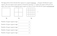 The figure below shows the first three squares in a sequence \( q_0, q_1, q_2, \ldots \) of squares divided into square regions. The next square in the sequence is formed by drawing a "+" inside each region of the previous square. How many nonoverlapping square regions are there in each of the first five squares \( q_1, q_2, q_3, q_4, q_5 \)?

The sequence starts with:

- \( q_0 \): A single square.
- \( q_1 \): A square divided into 4 smaller squares (2 rows and 2 columns).
- \( q_2 \): A square divided into 16 smaller squares (4 rows and 4 columns).

The sequence continues, with each subsequent square having its regions divided by drawing a "+" inside each region of the previous square.

Fill in the blanks for the number of nonoverlapping square regions:

- Number of square regions in \( q_1 = \) 
- Number of square regions in \( q_2 = \) 
- Number of square regions in \( q_3 = \) 
- Number of square regions in \( q_4 = \) 
- Number of square regions in \( q_5 = \) 