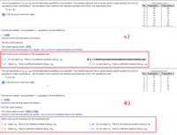 Observations from
The null hypothesis is Ho: H1 = H, and the alternative hypothesis is as specified. The provided data are from a simple random paired sample from the two
populations under consideration. Use the paired t-test to perform the required hypothesis test at the 10% significance level.
Pair Population 1 Population 2
1
24
2
9
10
3
20
19
E Click the icon to view the t-table.
4
13
8
5
8
14
14
10
15
8
22
28
Find the test statistic. Use population 1- population 2 as the difference.
t= 0.088
c.)
(Round to three decimal places as needed.)
Find the critical value(s).
The critical value(s) is/are 1.415
(Round to three decimal places as needed. Use a comma to separate answers as needed.)
What is the correct conclusion for the hypothesis test?
O A. Do not reject Hn. There is not sufficient evidence that H > 3.
XO B.-Rejeett-
idence that P2
O c. Reject Ho- There is sufficient evidence that p1 > H2.
O D. Do not reject Ho. There is sufficient evidence that µ, > H2.
Observations from
The null hypothesis is H,: H1 = H2 and the alternative hypothesis is as specified. The provided data are from a simple random paired sample from the two
populations under consideration. Use the paired t-test to perform the required hypothesis test at the 10% significance level.
Pair Population 1 Population 2
6.
Hai H1 # H2
2
7
6
12
9
E Click the icon to view the t-table.
4
14
8
22
18
11
12
1
Find the test statistic. Use population 1- population 2 as the difference.
t= 3.058
d.)
(Round to three decimal places as needed.)
Find the critical value(s).
The critical value(s) is/are 1.943, - 1.943
(Round to three decimal places as needed. Use a comma to separate answers as needed.)
What is the correct conclusion for the hypothesis test?
O A. Reject Ho- There
that H, H2-
reject Ho- There is not sufficient
evidence that H # H2:
not sufficient
Do
OC. Reject Ho. There is sufficient evidence that µ, # H2.
O D. Do not reject Hn. There is sufficient evidence that H + H2.
