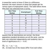 A researcher wants to know if there is a difference
between the mean amount of sleep that people get for
various types of employment status. The table below shows
data that was collected from a survey.
Part Time
Full Time
Unemployed
Worker
Worker
7
8
9.
8
8
10
6.
10
7
7
7
8
9
6
7
8
8
Assume that all distributions are normal, the three
population standard deviations are all the same, and the
data was collected independently and randomly. Use a
level of significance of a =
0.01.
: µ1 = µ2 = µ3
H1: At least two of the means differ from each other.
