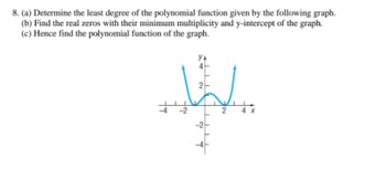 8. (a) Determine the least degree of the polynomial function given by the following graph.
(b) Find the real zeros with their minimum multiplicity and y-intercept of the graph.
(c) Hence find the polynomial function of the graph.
المال