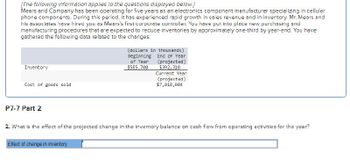 [The following information applies to the questions displayed below.]
Mears and Company has been operating for five years as an electronics component manufacturer specializing in cellular
phone components. During this period, it has experienced rapid growth in sales revenue and in inventory. Mr. Mears and
his associates have hired you as Mears's first corporate controller. You have put into place new purchasing and
manufacturing procedures that are expected to reduce inventories by approximately one-third by year-end. You have
gathered the following data related to the changes:
Inventory
Cost of goods sold
(dollars in thousands)
Beginning
of Year
$585,700
End of Year
(projected)
$392,310
Current Year
(projected)
$7,018,984
P7-7 Part 2
2. What is the effect of the projected change in the inventory balance on cash flow from operating activities for the year?
Effect of change in inventory