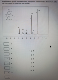 Acetyleugenol: Match the peaks to the appropriate number on the structure. A letter
may correspond to more than one number.
10
11
2. 2
3. 3
44
5. 5
6. 6
