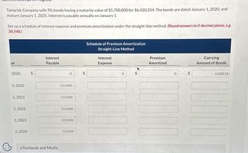 Tamarisk Company sells 9% bonds having a maturity value of $5,700,000 for $6,420,314. The bonds are dated January 1, 2020, and
mature January 1, 2025. Interest is payable annually on January 1.
Set up a schedule of interest expense and premium amortization under the straight-line method. (Round answers to O decimal places, e.g.
38,548)
tar
2020
1,2020
1.2021
1,2022
1,2023
1,2024
$
Interest
Payable
eTextbook and Media
0
513,000
513,000
513,000
513,000
$13,000
$
Schedule of Premium Amortization
Straight-Line Method
Interest
Expense
0
Premium
Amortized
0
$
Carrying
Amount of Bonds
6,420,31