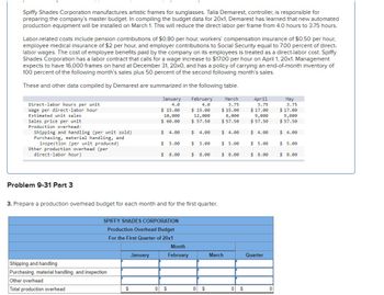 Spiffy Shades Corporation manufactures artistic frames for sunglasses. Talia Demarest, controller, is responsible for
preparing the company's master budget. In compiling the budget data for 20x1, Demarest has learned that new automated
production equipment will be installed on March 1. This will reduce the direct labor per frame from 4.0 hours to 3.75 hours.
Labor-related costs include pension contributions of $0.80 per hour, workers' compensation insurance of $0.50 per hour,
employee medical insurance of $2 per hour, and employer contributions to Social Security equal to 7.00 percent of direct-
labor wages. The cost of employee benefits paid by the company on its employees is treated as a direct-labor cost. Spiffy
Shades Corporation has a labor contract that calls for a wage increase to $17.00 per hour on April 1, 20x1. Management
expects to have 16,000 frames on hand at December 31, 20x0, and has a policy of carrying an end-of-month inventory of
100 percent of the following month's sales plus 50 percent of the second following month's sales.
These and other data compiled by Demarest are summarized in the following table.
Direct-labor hours per unit
Wage per direct-labor hour
Estimated unit sales
Sales price per unit
Production overhead:
Shipping and handling (per unit sold).
Purchasing, material handling, and
inspection (per unit produced)
Other production overhead (per
direct-labor hour)
Problem 9-31 Part 3
Shipping and handling
Purchasing, material handling, and inspection
Other overhead
Total production overhead
January
4.0
$ 15.00
10,000
$ 60.00
$
$ 4.00
January
$ 5.00
SPIFFY SHADES CORPORATION
Production Overhead Budget
For the First Quarter of 20x1
$ 8.00
3. Prepare a production overhead budget for each month and for the first quarter.
0 $
February
4.0
$ 15.00
12,000
$57.50
Month
February
$ 4.00
$ 5.00
$
8.00
0 $
March
3.75
$15.00
8,000
$57.50
$ 4.00
$5.00
$ 8.00
March
0 $
April
3.75
$ 17.00
9,000
$ 57.50
$ 4.00
$ 5.00
$ 8.00
Quarter
0
May
3.75
$ 17.00
9,000
$57.50
$ 4.00
$ 5.00
$ 8.00