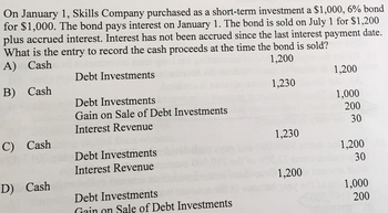 On January 1, Skills Company purchased as a short-term investment a $1,000, 6% bond
for $1,000. The bond pays interest on January 1. The bond is sold on July 1 for $1,200
plus accrued interest. Interest has not been accrued since the last interest payment date.
What is the entry to record the cash proceeds at the time the bond is sold?
A) Cash
1,200
B) Cash
1,230
C) Cash
D) Cash
Debt Investments
Debt Investments
Gain on Sale of Debt Investments
Interest Revenue
Debt Investments
Interest Revenue
Debt Investments
Gain on Sale of Debt Investments
1,230
1,200
1,200
1,000
200
30
1,200
30
1,000
200