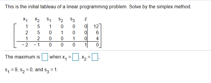 This is the initial tableau of a linear programming problem. Solve by the simplex method.
X1
X2
S1
S2
S3
Z
12
1
5
1
0
0
2
5
0
0
6
0
1
2
0
0
1
4
-2
-1
0
0
0
0
when X
The maximum is
X2
1
S- 9, S2 0, and s
