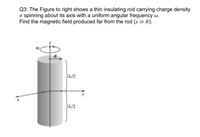 Q3: The Figure to right shows a thin insulating rod carrying charge density
o spinning about its axis with a uniform angular frequency w.
Find the magnetic field produced far from the rod (s » R).
L/2
