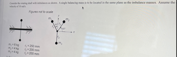 11
Consider the rotating shaft with imbalances as shown. A single balancing mass is to be located in the same plane as the imbalance masses. Assume the
velocity of 10 rad/s.
m, = 6 kg
m₂ = 4 kg
m₂ = 4 kg
Figures not to scale
r₁ = 250 mm
r₂ = 200 mm
r₂ = 200 mm
m₁
73
60°
M3
m₂