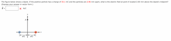 The figure below shows a dipole. If the positive particle has a charge of 33.1 mC and the particles are 2.96 mm apart, what is the electric field at point A located 2.00 mm above the dipole's midpoint?
(Express your answer in vector form.)
X N/C
E =
A
1
d/2
d/2
X