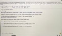 The data show the bug chirps per minute at different temperatures. Find the regression equation, letting the first variable be the independent (x) variable. Find the
best predicted temperature for a time when a bug is chirping at the rate of 3000 chirps per minute. Use a significance level of 0.05. What is wrong with this predicted
value?
Chirps in 1 min
Temperature (°F)
1194 1034
760 1062 1233 1129 O
85.3 81.6
68.7
78.5
86.8 84.1
What is the regression equation?
(Round the x-coefficient to four decimal places as needed. Round the constant to two decimal places as needed.)
What is the best predicted temperature for a time when a bug is chirping at the rate of 3000 chirps per minute?
The best predicted temperature when a bug is chirping at 3000 chirps per minute is
|°F.
(Round to one decimal place as needed.)
What is wrong with this predicted value? Choose the correct answer below.
A. The first variable should have been the dependent variable.
B. It is unrealistically high. The value 3000 is far outside of the range of observed values.
C. It is only an approximation. An unrounded value would be considered accurate.
D. Nothing is wrong with this value. It can be treated as an accurate prediction.
Click to select your answer(s).
Notes
