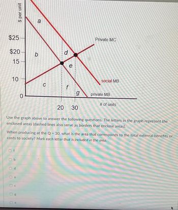 $25
$20
15
10
b
$ per unit
d
E
a
DC
n
M
0
C
a
b
C
d
e
20
30
Use the graph above to answer the following questions. The letters in the graph represent the
enclosed areas (dashed lines also serve as borders that enclose areas).
f
When producing at the Q=30, what is the area that corresponds to the total external benefits or
costs to society? Mark each letter that is included in the area.
g
Private MC
social MB
private MB
# of units