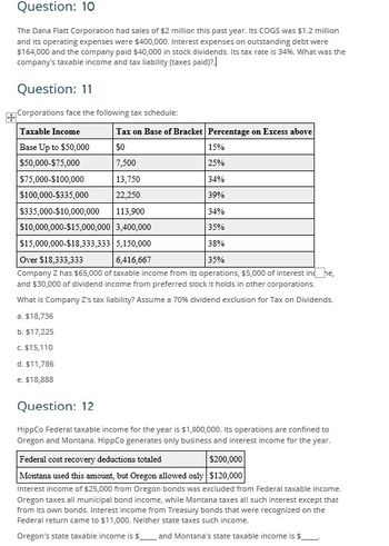 Question: 10
The Dana Flatt Corporation had sales of $2 million this past year. Its COGS was $1.2 million
and its operating expenses were $400,000. Interest expenses on outstanding debt were
$164,000 and the company paid $40,000 in stock dividends. Its tax rate is 34%. What was the
company's taxable income and tax liability (taxes paid)?.
Question: 11
Corporations face the following tax schedule:
Taxable Income
Tax on Base of Bracket Percentage on Excess above
Base Up to $50,000
$0
15%
$50,000-$75,000
7,500
25%
$75,000-$100,000
13,750
34%
$100,000-$335,000
22,250
39%
$335,000-$10,000,000 113,900
34%
$10,000,000-$15,000,000 3,400,000
35%
$15,000,000-$18,333,333 5,150,000
38%
Over $18,333,333
6,416,667
35%
Company Z has $65,000 of taxable income from its operations, $5,000 of interest in he
and $30,000 of dividend income from preferred stock it holds in other corporations.
What is Company Z's tax liability? Assume a 70% dividend exclusion for Tax on Dividends.
a. $18,736
b. $17,225
c. $15,110
d. $11,786
e. $18,888
Question: 12
HippCo Federal taxable income for the year is $1,000,000. Its operations are confined to
Oregon and Montana. HippCo generates only business and interest income for the year.
Federal cost recovery deductions totaled
$200,000
Montana used this amount, but Oregon allowed only $120,000
Interest income of $25,000 from Oregon bonds was excluded from Federal taxable income.
Oregon taxes all municipal bond income, while Montana taxes all such interest except that
from its own bonds. Interest income from Treasury bonds that were recognized on the
Federal return came to $11,000. Neither state taxes such income.
Oregon's state taxable income is $
and Montana's state taxable income is $