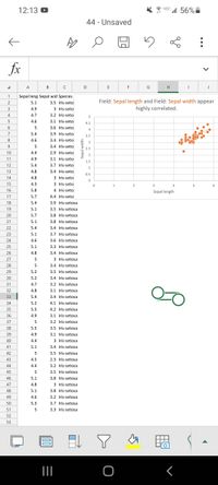 12:13 D
IE 56%
44 - Unsaved
fx
A
D
F
G
H
Sepal leng Sepal wid Species
2
5.1
3.5 Iris-seto
Field: Sepal length and Field: Sepal width appear
4.9
3 Iris-seto
highly correlated.
4
4.7
3.2 Iris-seto
5
4.6
3.1 Iris-seto
4.5
6.
5
3.6 Iris-seto
4
7
5.4
3.9 Iris-seto
3.5
4.6
3.4 Iris-seto
3
5
24 kis
3.4 Iris-seto
2.5
10
4.4
2.9 Iris-seto
2
11
4.9
3.1 Iris-seto
1.5
12
5.4
3.7 Iris-seto
1
13
4.8
3.4 Iris-seto
0.5
3 Iris-seto
3 Iris-seto
14
4.8
15
4.3
1
2
3
4
5
16
5.8
4 Iris-seto
Sepal length
17
5.7
4.4 Iris-seto
18
5.4
3.9 Iris-setosa
19
5.1
3.5 Iris-setosa
20
5.7
3.8 Iris-setosa
21
5.1
3.8 Iris-setosa
22
5.4
3.4 Iris-setosa
23
5.1
3.7 Iris-setosa
24
4.6
3.6 Iris-setosa
25
5.1
3.3 Iris-setosa
26
4.8
3.4 Iris-setosa
27
5
3 Iris-setosa
28
3.4 Iris-setosa
29
5.2
3.5 Iris-setosa
30
5.2
3.4 Iris-setosa
31
4.7
3.2 Iris-setosa
32
4.8
3.1 Iris-setosa
22
33
5.4
3.4 Iris-setosa
34
5.2
4.1 Iris-setosa
35
5.5
4.2 Iris-setosa
36
4.9
3.1 Iris-setosa
37
5
3.2 Iris-setosa
38
5.5
3.5 Iris-setosa
3.3
39
4.9
3.1 Iris-setosa
40
4.4
3 Iris-setosa
41
5.1
3.4 Iris-setosa
42
5
3.5 Iris-setosa
43
4.5
2.3 Iris-setosa
44
4.4
3.2 Iris-setosa
45
5
3.5 Iris-setosa
46
5.1
3.8 Iris-setosa
47
4.8
3 Iris-setosa
48
5.1
3.8 Iris-setosa
49
4.6
3.2 Iris-setosa
50
5.3
3.7 Iris-setosa
51
5
3.3 Iris-setosa
52
53
dro
Sepal width
