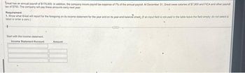 Great has an annual payroll of $170.000. In addition, the company incurs payroll tax expense of 7% of the annual payroll. At December 31, Great owes salaries of $7.900 and FICA and other payroll
tax of $750. The company will pay these amounts early next year.
Requirement
1. Show what Great will report for the foregoing on its income statement for the year and on its year-end balance sheet, (If an input field is not used in the table leave the field empty; do not select a
label or enter a zero.)
Start with the income statement.
Income Statement Account
Amount