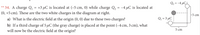 Q2 = -4 µCJ
* 34. A charge Q = +3 µC is located at (-5 cm, 0) while charge Q, = -4 µC is located at
(0, +5 cm). These are the two white charges in the diagram at right.
-5 cm
a) What is the electric field at the origin (0, 0) due to these two charges?
Q1 = 3 µC |
b) If a third charge of 5 µC (the gray charge) is placed at the point (-4 cm, 3 cm), what
will now be the electric field at the origin?
5 cm
