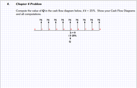 4.
Chapter 4 Problem
Compute the value of Q in the cash flow diagram below, if i = 25%. Show your Cash Flow Diagrams
and all computations.
75
75
75
75
75
75
75
75
75
4
5
6
h =9
i+ 25%
Q
