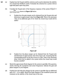 Q4
(a)
Explain how the Nyquist stability criterion can be used to determine the stability
of a closed-loop feedback system. Formulate the criterion for a system with no
right-half plane open-loop poles.
(b)
Consider the Nyquist plot of the frequency response of the system G(jw) =
500
shown in Figure Q4 below.
(jw+1)(jw+10)2
i)
Explain how the gain margin can be obtained from the Nyquist plot and
determine its approximate value from Figure Q4. What is the maximum
value of an additional gain K for which the closed loop would still be
stable?
0.5
-0.5
-1
-1
-0.5
0.5
1
Real Axis
Figure Q4
ii)
Explain how the phase margin can be obtained from the Nyquist plot
and determine its approximate value from Figure Q4. Assuming that the
corresponding point on the plot occurs at 4 rad/s, what is the maximum
delay which can be added to the system before the closed loop would
become unstable?
Sketch the approximate Bode diagram for the system in part (b) of the question,
clearly showing the asymptotes and corner frequencies. Indicate the gain and
phase margins in your diagram.
(d)
Explain how the bode plot changes for the system in part (b) when an additional
gain of K = 10 is added. Sketch the Bode diagram of the modified system and
comment on the stability of the closed loop in this case.
Imaginary Axis
