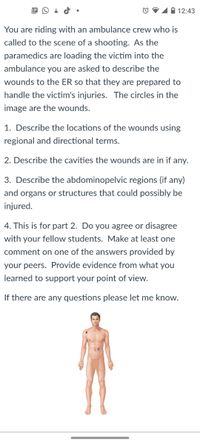 E O 1 d •
O V11 12:43
You are riding with an ambulance crew who is
called to the scene of a shooting. As the
paramedics are loading the victim into the
ambulance you are asked to describe the
wounds to the ER so that they are prepared to
handle the victim's injuries. The circles in the
image are the wounds.
1. Describe the locations of the wounds using
regional and directional terms.
2. Describe the cavities the wounds are in if any.
3. Describe the abdominopelvic regions (if any)
and organs or structures that could possibly be
injured.
4. This is for part 2. Do you agree or disagree
with your fellow students. Make at least one
comment on one of the answers provided by
your peers. Provide evidence from what you
learned to support your point of view.
If there are any questions please let me know.
