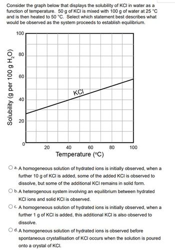 Consider the graph below that displays the solubility of KCI in water as a
function of temperature. 50 g of KCI is mixed with 100 g of water at 25 °C
and is then heated to 50 °C. Select which statement best describes what
would be observed as the system proceeds to establish equilibrium.
100
Solubility (g per 100 g H₂O)
80
60
40
20
0
20
KCI
40
60
Temperature (°C)
80
100
O a. A homogeneous solution of hydrated ions is initially observed, when a
further 10 g of KCI is added, some of the added KCI is observed to
dissolve, but some of the additional KCI remains in solid form.
O b. A heterogenous system involving an equilibrium between hydrated
KCI ions and solid KCI is observed.
O c. A homogeneous solution of hydrated ions is initially observed, when a
further 1 g of KCI is added, this additional KCI is also observed to
dissolve.
O d. A homogeneous solution of hydrated ions is observed before
spontaneous crystallisation of KCl occurs when the solution is poured
onto a crystal of KCI.