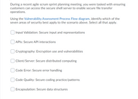 During a recent agile scrum sprint planning meeting, you were tasked with ensuring
customers can access the secure shell server to enable secure file transfer
operations.
Using the Vulnerability Assessment Process Flow diagram, identify which of the
seven areas of security best apply to the scenario above. Select all that apply.
Input Validation: Secure input and representations
| APIS: Secure API interactions
Cryptography: Encryption use and vulnerabilities
Client/Server: Secure distributed computing
Code Error: Secure error handling
Code Quality: Secure coding practice/patterns
Encapsulation: Secure data structures
