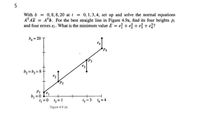 With b = 0,8,8, 20 at t = 0,1,3, 4, set up and solve the normal equations
AT A = ATb. For the best straight line in Figure 4.9a, find its four heights pi
and four errors e. What is the minimum value E = e? + e + e + e??
b4 = 20 T
PA
b2 = b3 = 8 -
P2
PI
b, =0
=0 1 = 1
ち=3 4=4
Figure 4.9 (a)
