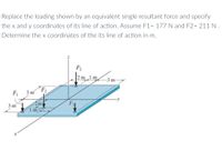 Replace the loading shown by an equivalent single resultant force and specify
the x and y coordinates of its line of action. Assume F1= 177 N and F2= 211 N.
Determine the x coordinates of the its line of action in m.
F2
2 m 1m
-3 m-
F2
F1
3 m
m
3 m
