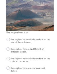 This image shows that
the angle of repose is dependent on the
size of the sediment.
the angle of repose is different on
different slopes.
the angle of repose is dependent on the
color of the rocks.
the angle of repose occurs on sand
dunes.
