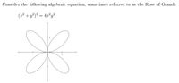 Consider the following algebraic equation, sometimes referred to as the Rose of Grandi:
(x2 + y?)³ = 4.x²y?
3
1
