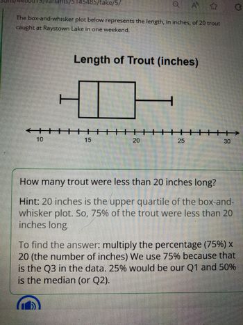 **Box-and-Whisker Plot Analysis of Trout Lengths**

The box-and-whisker plot below represents the length, in inches, of 20 trout caught at Raystown Lake in one weekend.

**Length of Trout (inches)**

[Diagram Explanation]
- The box-and-whisker plot consists of a number line ranging from 10 to 30 inches.
- The box indicates the interquartile range, with the left edge at approximately 12 inches (the lower quartile, Q1) and the right edge at 20 inches (the upper quartile, Q3).
- The line inside the box marks the median (Q2) at around 15 inches.
- Whiskers extend from the box to the minimum at 10 inches and maximum at 28 inches.

**Question:**
How many trout were less than 20 inches long?

**Hint:**
20 inches is the upper quartile of the box-and-whisker plot. So, 75% of the trout were less than 20 inches long.

**Solution:**
To find the answer: multiply the percentage (75%) by 20 (the total number of trout). We use 75% because that is the Q3 in the data. 25% would be our Q1, and 50% is the median (Q2).