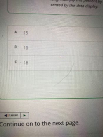 The image contains a multiple-choice format with the following options:

- **A**: 15
- **B**: 10
- **C**: 18

Below the options, there is a button labeled "Listen" with a play icon. At the bottom, there is an instruction that reads, "Continue on to the next page." 

There are no graphs or diagrams present in the image.