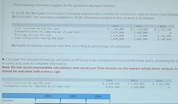 [The following information applies to the questions displayed below.]
In 2024, the Westgate Construction Company entered into a contract to construct a road for Santa Clara County
$10,000,000. The road was completed in 2026. Information related to the contract is as follows:
Cost incurred during the year
Estimated costs to complete as of year-end
Billings during the year
Cash collections during the year
Westgate recognizes revenue over time according to percentage of completion.
Costs incurred during the year
Estimated costs to complete as of year-end
Revenue
2024
$ 2,184,000
5,616,000
2,120,000
1,860,000
2024
4. Calculate the amount of revenue and gross profit (loss) to be recognized in each of the three years, assuming the fo
incurred and costs to complete information.
2025
2025
$ 3,510,000
2,106,000
3,574,000
3,400,000
Note: Do not round intermediate calculations and round your final answers to the nearest whole dollar amount. Le
should be indicated with a minus sign.
2026
2024
$ 2,184,000
5,616,000
2026
$ 2,316,600
2025
$ 3,860,000
3,160,000
0
4,306,000
4,740,000
2026
$ 3,260,000
0