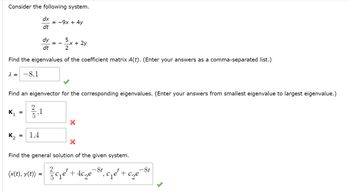 Consider the following system.
dx
= -9x + 4y
dt
dy
5
-x + 2y
dt
2
Find the eigenvalues of the coefficient matrix A(t). (Enter your answers as a comma-separated list.)
λ = -8,1
Find an eigenvector for the corresponding eigenvalues. (Enter your answers from smallest eigenvalue to largest eigenvalue.)
K₁
=
K₂
1,4
=
Find the general solution of the given system.
(x(t), y(t))
=
-8t
²/² c ₁ e ² + 4c₂e-8²,₁ c₁e² + c₂e-