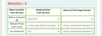 Question - 3
Object position
Image position
Nature of the image formed
from the lens
from the lens
Before or beyond
beyond 2F
2F
Between F and
on the same side as the object +
virtual, inverted and enlarged +
optic center
At a distance F
at F
virtual, inverted and enlarged →
