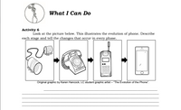 What I Can Do
Activity 6
Look at the picture below. This illustrates the evolution of phone. Describe
each stage and tell the changes that occur in every phase.
Original graphic by Karen Hancock, LC student graphic artist – "The Evolution of the Phone".
