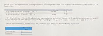 S
Dittmar Products has provided the following information pertaining to equivalent units of production in its Molding Department for the
month of April:
Units in beginning work in process, April 1
Units started and completed in April
Units in ending work in process, April 30
Direct Materials
12,000
?
9,000
Conversion
?
24,000
?
All direct materials used in the Molding Department are added at the beginning of the process. On April 1, beginning inventory was 30
percent complete with respect to conversion. On April 30, ending inventory was 60 percent complete with respect to conversion.
Compute equivalent units of direct materials and conversion used in April by Dittmar's Molding Department.
Equivalent
Units
Direct materials
Conversion
I