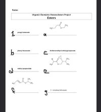 Name:
Organic Chemistry Nomenclature Project
Esters
CH3
H,C-
propyl butanoate
phenyl hexanoate
dichloromethyl-2-ethoxypropanoate
Br
CH3
H,C
CH3
methyl propanotate
CH3
H3C
CH3
2- nitrohexyl ethanoate
