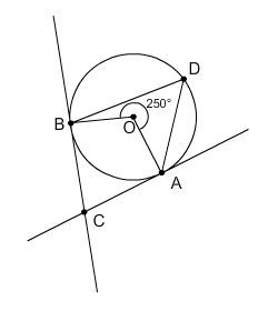 ### Geometry Diagram Explanation

The image depicts a geometric figure involving a circle and several intersecting lines, accompanied by an angle measurement. Here is a detailed description of the components:

1. **Circle and Center**:
    - The circle is centered at point \( O \).

2. **Points on the Circle**:
    - There are four points on the circle, labeled \( A \), \( B \), \( C \), and \( D \).
    - Lines extend from the points \( A \) and \( B \) away from the circle, intersecting outside the circle.

3. **Lines and Angles**:
    - Line segments \( BA \) and \( AC \) form a secant-tangent combination, meeting at points \( B \) and \( A \) respectively, with \( C \) being another point of intersection on the extended line.
    - Line segment \( BD \) extends from the circle through points \( B \), \( D \), \( and \) beyond.
    
4. **Interior Angle**:
    - The angle \( \angle DOB \) is marked as \( 250^\circ \). This is the central angle formed by the points \( D \) and \( B \) with respect to the center \( O \).

### Graphical Interpretation:
This geometric figure can be utilized to illustrate several key concepts in geometry, such as:
- Central and inscribed angles.
- Intersecting lines creating various angles.
- Properties of circles involving tangent and secant lines.

Students can apply the principles of these geometric properties to solve for unknown measurements and to understand the relationships between different segments and angles in circles.